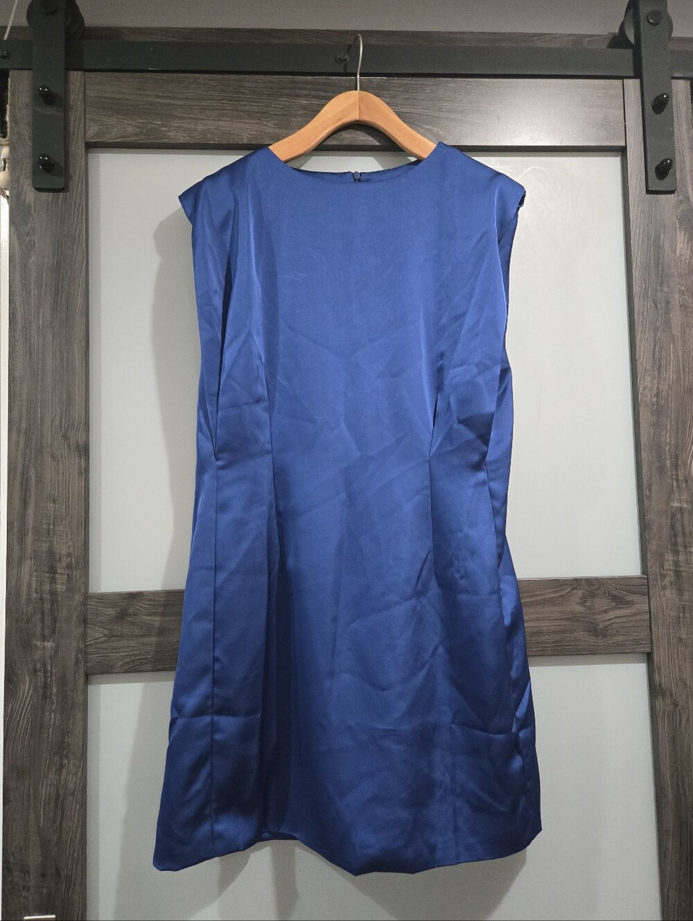 AEL Amyenjoylife Cobalt Blue Satin Mini Shift Dress Shoulder Pads Size XL